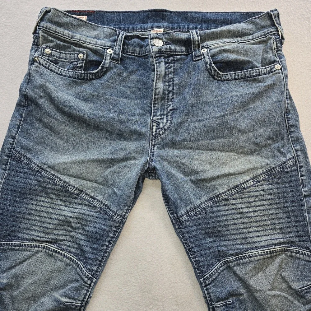 True Religion Rocco Moto Biker Denim Shorts Mens 40 Blue Raw Hem Distressed Y2K